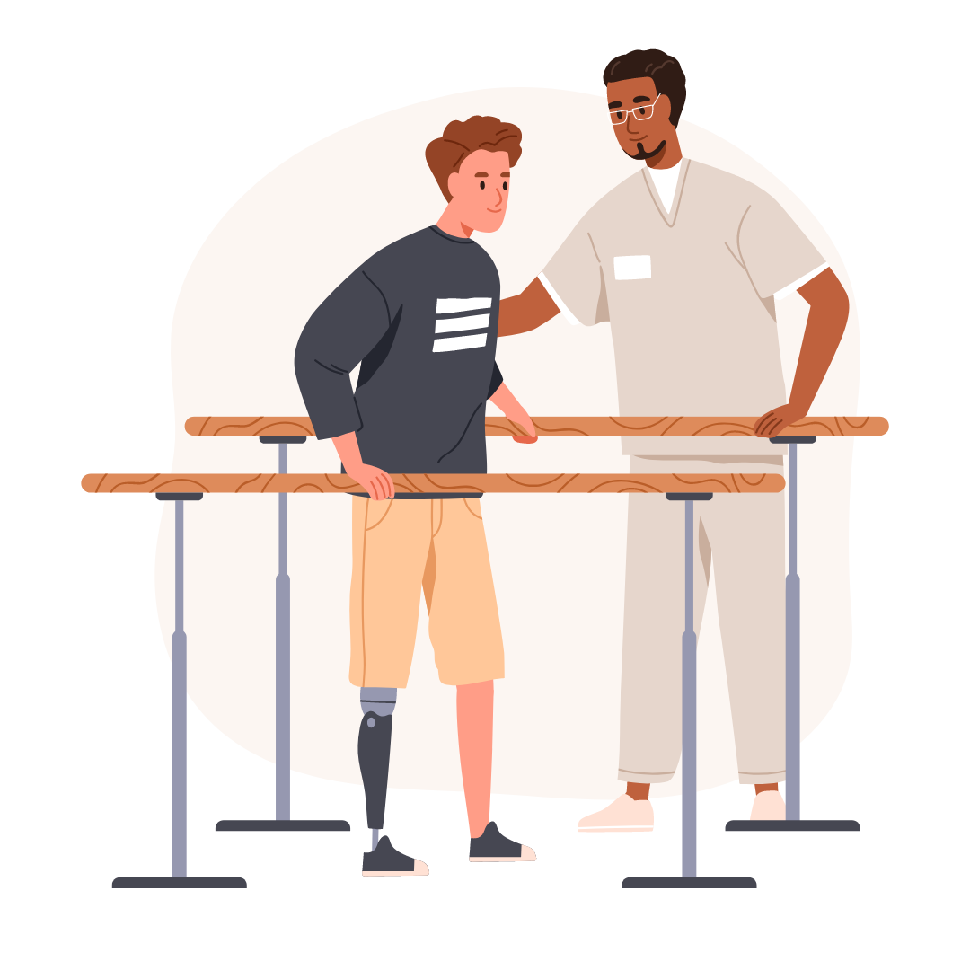 Physiotherapeut von Hips Don't Lie hilft Patient mit Beinprothese. 